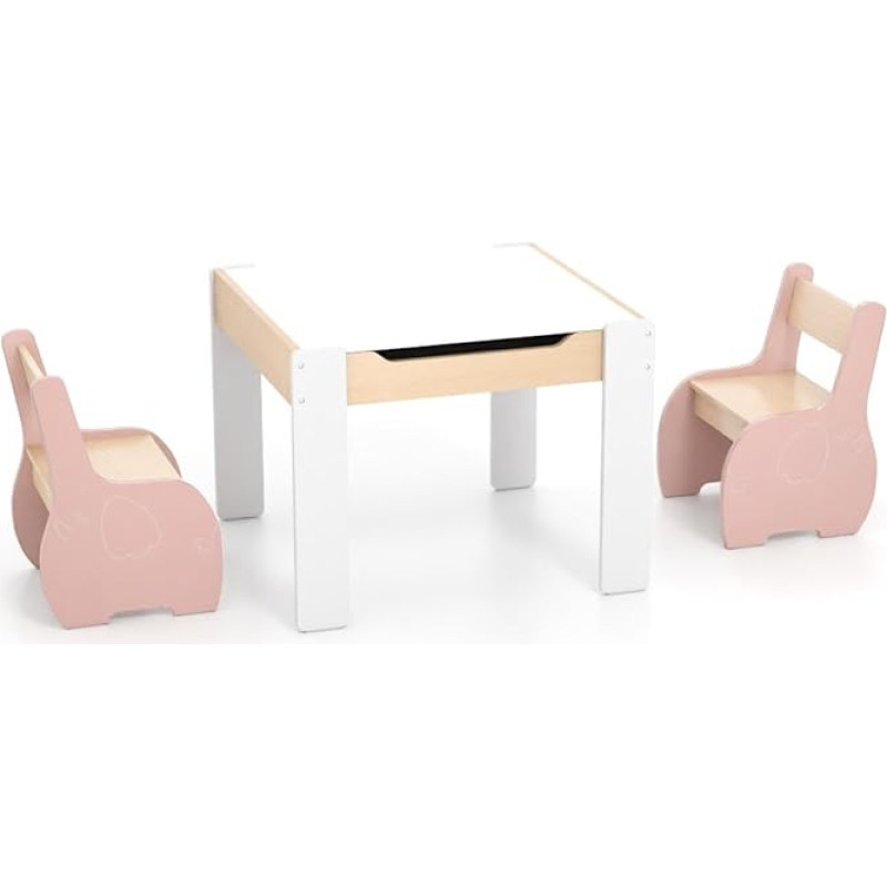 FANTASK Multifunctional Children's Table, Children's Furniture Set with Double-Sided Table Top and Storage Space, Children's Painting Table Wood with 2 Chairs, Children's Furniture Seating Set for