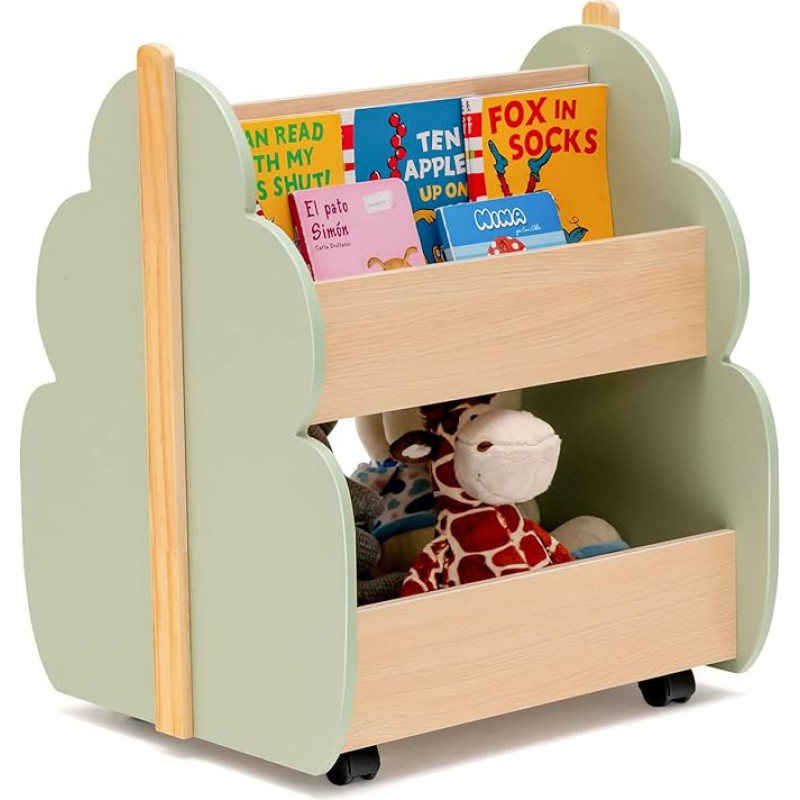 COSTWAY Kids Bookcase on Wheels, 2 Tier Wooden Toy Shelf, 52 x 46 x 62.5 cm (Green)