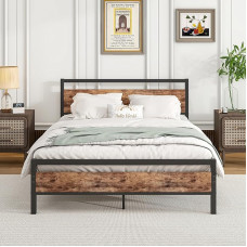 HOJINLINERO Bed Frame 140 x 200, Double Bed Frame Metal Bed 140 x 200 cm with Metal Slatted Frame and Wooden Headboard, Easy Assembly Guest Bed, Youth Bed, for Bedroom, Guest Room, Bed Frame, Black