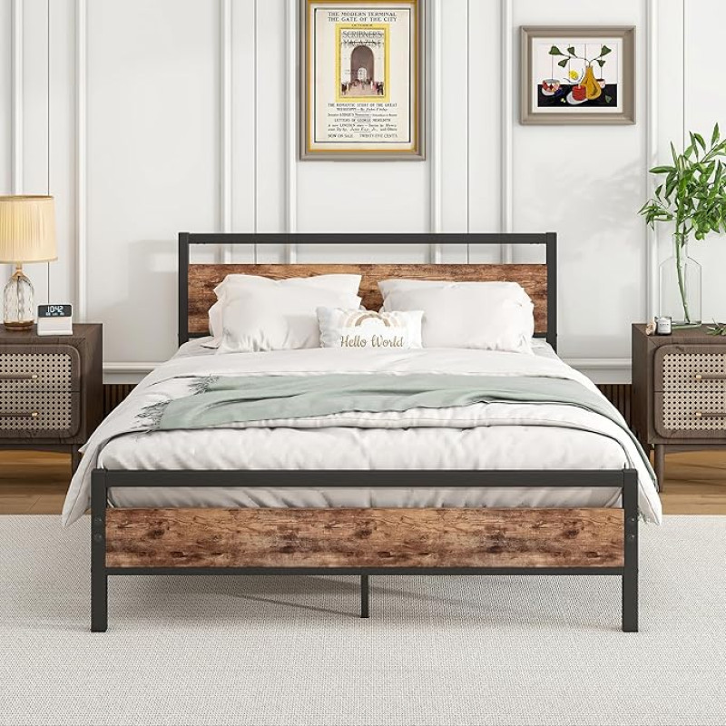 HOJINLINERO Bed Frame 140 x 200, Double Bed Frame Metal Bed 140 x 200 cm with Metal Slatted Frame and Wooden Headboard, Easy Assembly Guest Bed, Youth Bed, for Bedroom, Guest Room, Bed Frame, Black