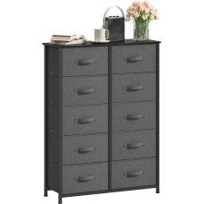 DWVO Chest of Drawers with 10 Drawers, Fabric Cabinet with Handles, Metal Frame & MDF Wooden Top, Durable, for Bedroom & Living Room, Dark Grey w/ Fabric Handles