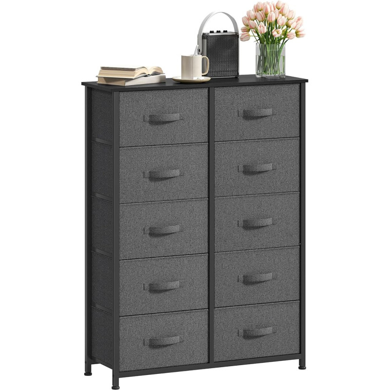 DWVO Chest of Drawers with 10 Drawers, Fabric Cabinet with Handles, Metal Frame & MDF Wooden Top, Durable, for Bedroom & Living Room, Dark Grey w/ Fabric Handles