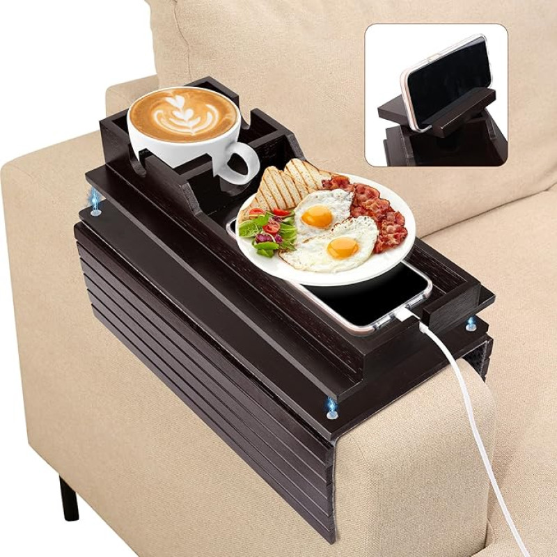 Windspeed Bamboo Couch Armrest Tray with Drink Holder Armrest Table for Sofa Armrest Tray with Drink Holder Removable Couch Armrest for Drinks, Cups, Food, Snacks, Phone