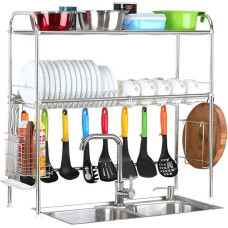 YIHANSS Kitchen Dish Drying Rack Stainless Steel 2 Tier Over Sink Dish Drying Rack with Utensil Holder and Chopping Board Holder, Large Dish Rack for Kitchen Counter