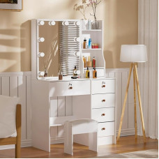 Teousev JR060106 Dressing Table with Lighting and Mirror, Adjustable Brightness, Dressing Table with Stool, Cosmetic Table with 6 Drawers and 6 Shelves, 80 x 36 x 131 cm, White