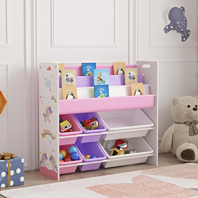 [en.casa] Rødøy Children's Bookcase with 6 Boxes, Toy Shelf, 78 x 86 x 27 cm, Toy Storage, Unicorn Motif