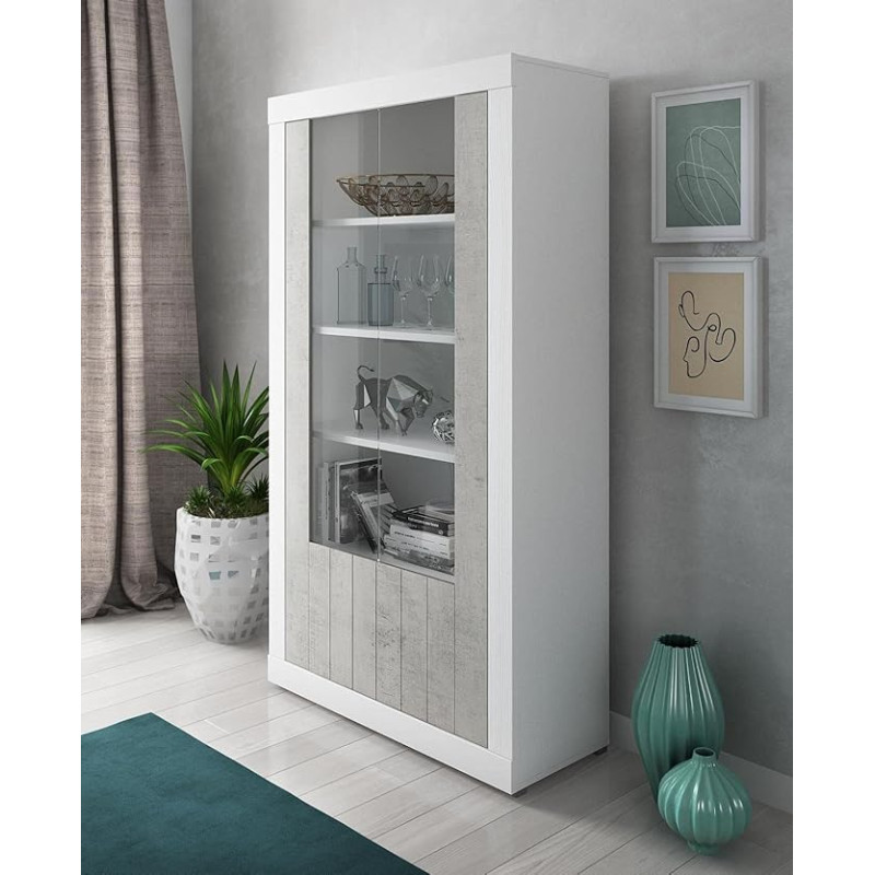 Dmora Two Door Bookcase with Glass and Internal Shelves Designed in Height, 105 x 42 x 191 cm, White and Concrete Colour