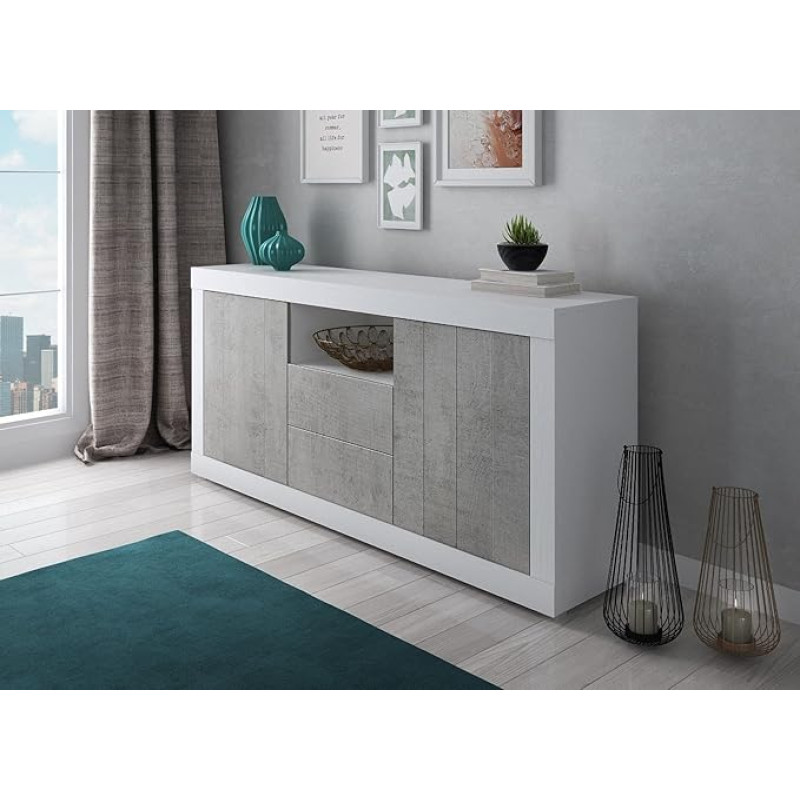 Dmora Modern Sideboard with 2 Doors, Kitchen Buffet, Sideboard with Shelves, Living Room Furniture TV Stand, cm 185 x 44 H86, White and Cement