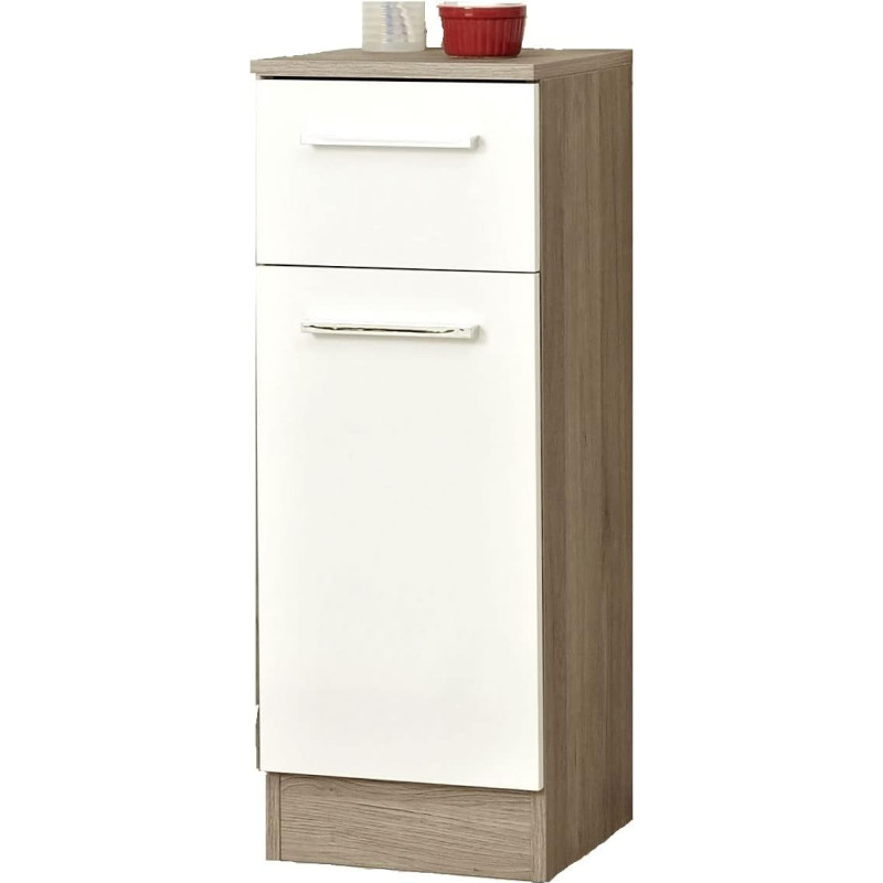 Pelipal Quickset 380 Bathroom Cabinet Gloss White / Sanremo Oak Terracotta 30 cm Wide Base Cabinet with 1 Door, 1 Drawer and 1 Shelf