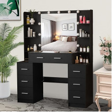 Ereousa Dressing Table with Mirror and Stool, Dressing Table with 7 Drawers and 8 Shelves, Makeup Desk with Adjustable LED Lights, Makeup Table for Bedroom, 110 x 40 x 140 cm