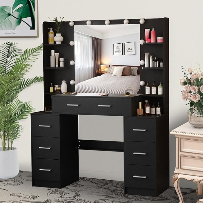 Ereousa Dressing Table with Mirror and Stool, Dressing Table with 7 Drawers and 8 Shelves, Makeup Desk with Adjustable LED Lights, Makeup Table for Bedroom, 110 x 40 x 140 cm