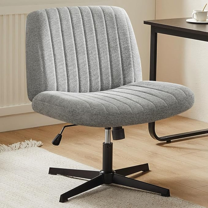 Sweetcrispy Criss Cross Chair with Legs, Armless Office Desk Chair without Wheels, Vanity Chair Rotatable, Height-Adjustable Wide Seat Computer Work Chair, Fabric Modern Home Chair, Grey