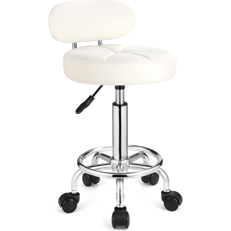FNZIR Swivel Stool with Wheels, Height-Adjustable, Rolling Stool with Backrest, White