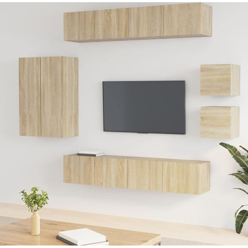 Homgoday TV Furniture Set 8 Pieces Sonoma Oak Multilayer Wood TV Cabinet Low TV Cabinet for Industrial Living Room Table TV Stand Living Room 30.5 x 30 x 90 cm Sonoma Oak