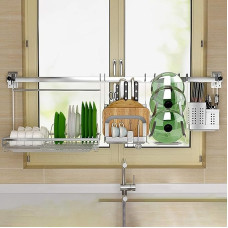 Wall Mounted Dish Drying Rack with 304 Stainless Steel Rod Dish Drying Rack for Hanging Kitchenware Storage Rack Organizer with Chopping Board Holder Utensil Rack
