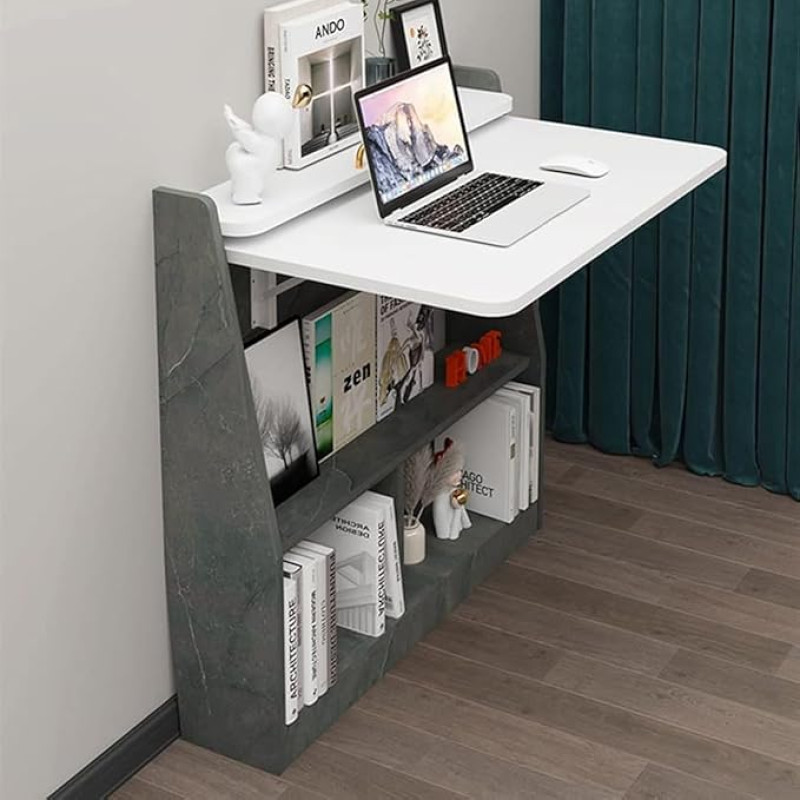 Pmnianhua Wall-Mounted Drop-Leaf Table Wooden Laptop Desk Foldable Hanging Table Shelf Multifunctional Computer Workstation with Storage Compartments in Home Office for Space Saving (Grey/White)