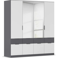 Rauch Möbel Dundee Wardrobe, Wardrobe, Organiser, 4 Doors, Mirror, 8 Drawers for More Storage Space, Colour White/Grey Metallic, Black, Short Handle Strip, Grey Metallic, 181 x 197 x 54 cm
