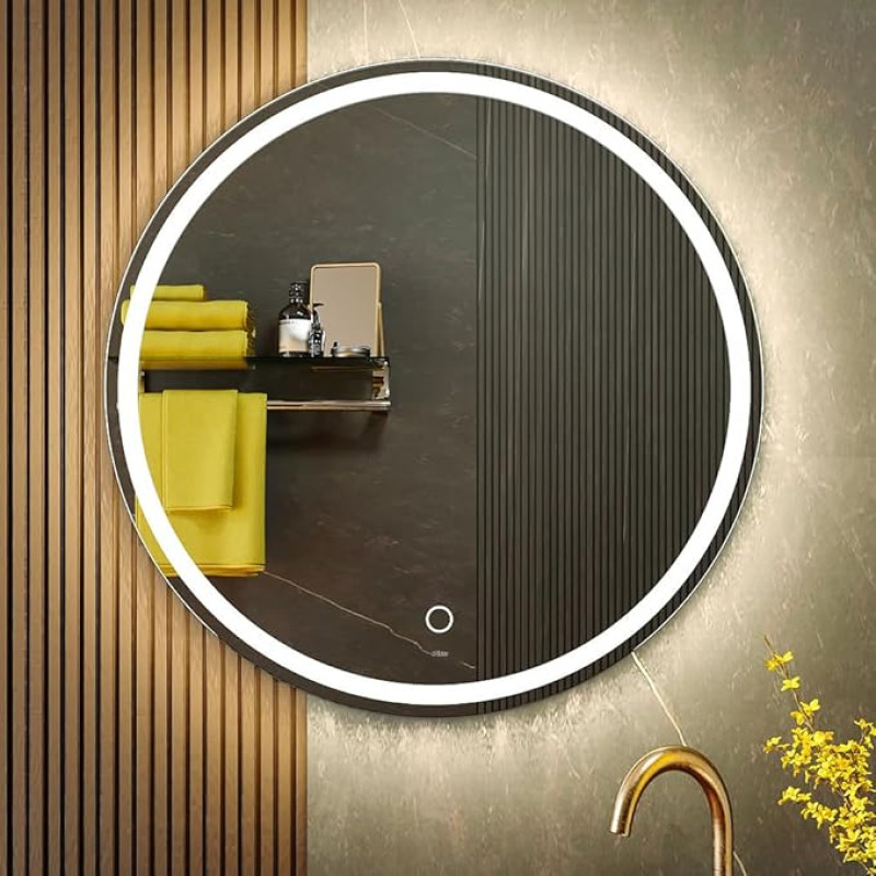 KWW 60 cm LED Round Bathroom Vanity Mirror, Colour Temperature Adjustable, Anti-Fog Dimmable Lights, Wall Mounted Makeup Mirror with Smart Touch Button