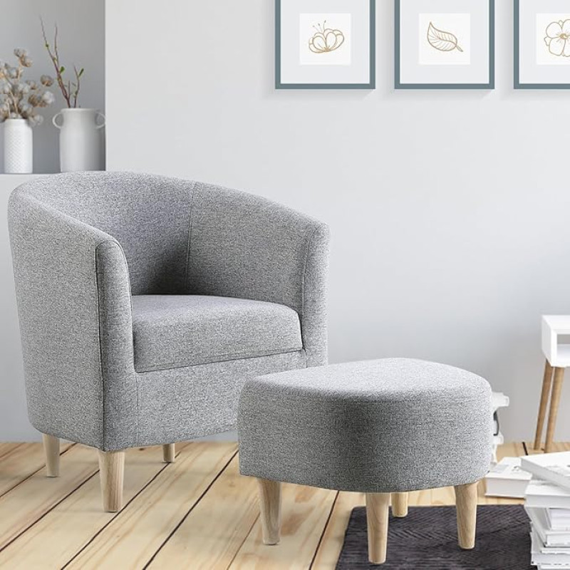 Meisax Armchair, Wing Chair with Stool, Comfortable and Soft Recliner Chair, Reading Chair, TV Chair, Living Room, Bedroom, Lounge Chair, Linen Fabric, Solid Wood Legs (Grey)