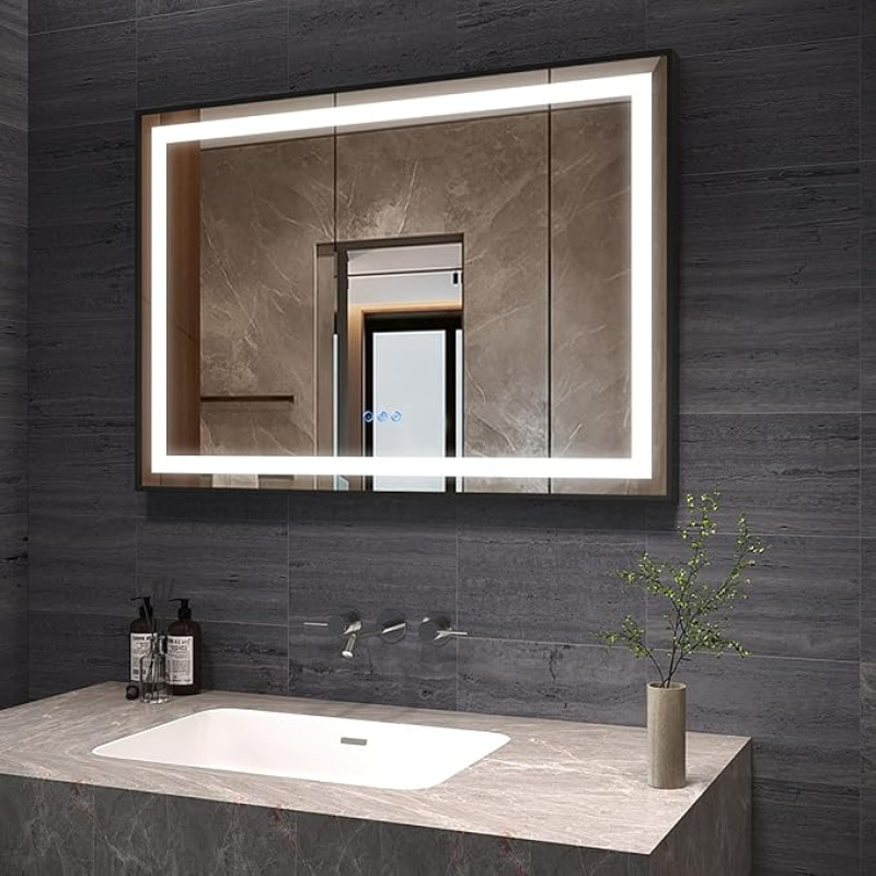 AQUABATOS Bathroom Mirror with Lighting 100 x 70 cm Black Frame LED Bathroom Mirror Illuminated Warm White 6400 K and Cool White 3000 K Dimmable Touch Switch Anti-Fog