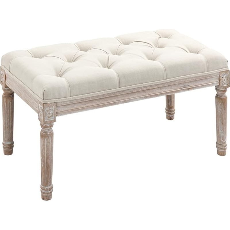 HOMCOM Stool Upholstered Bench Linen Look Footstool with Padded Seat Wooden Leg Ottoman Wooden Footrest for Living Room Bedroom Cream White
