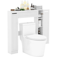 FANTASK Wooden Toilet Cabinet, Bathroom Cabinet, Freestanding, Toilet Stand with Roll Holder, Bathroom Shelf in White