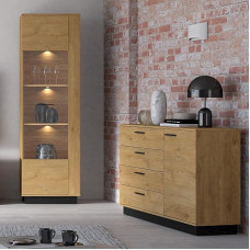 Living Room Set 2 Pieces with Display Cabinet & Chest of Drawers in Oak & Black Details Including LED Lighting Modern with Soft Close