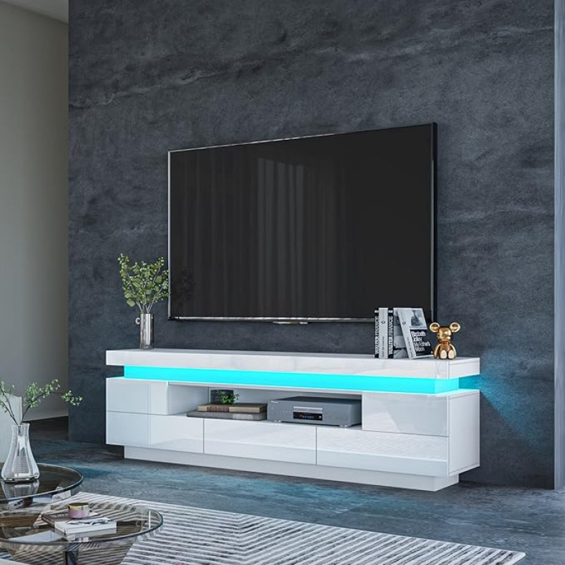 Senvoziii TV Lowboard 150 cm White with 5 Drawers & Hinged Lid Open Shelf TV Cabinet TV Cabinet LED Light for Living Room Furniture 150 x 35 x 52 cm