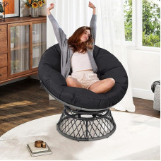 KROFEM Papasan Rattan Basket Egg Chair 360 Degree Rotating Ideal for Office Bedroom Living Room Adults Grey Frame with Black Cushion