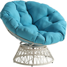 OSP Home Furnishings Papasan Wicker Chair 360 Degree Swivel Cream Furniture Frame with Blue Cushion