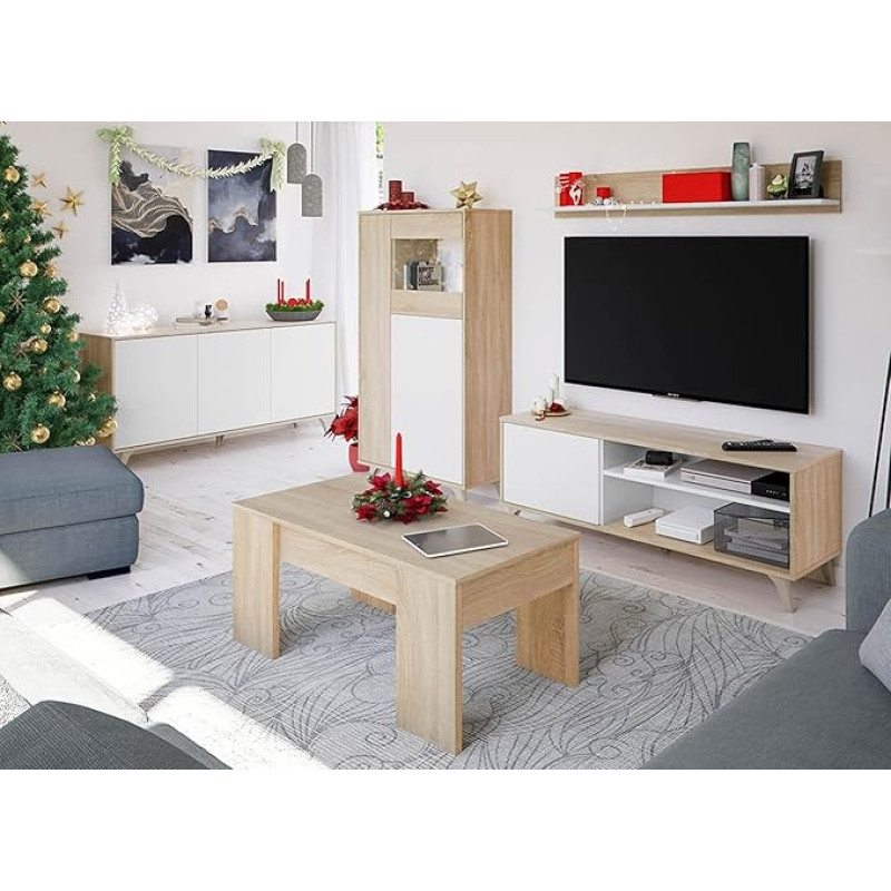 möbelando KIKUA PLUS Living Room Set Includes TV Board, Showcase, Lowboard and Coffee Table in Elegant Colour Combination Canadian Oak / Artik White