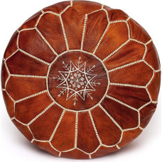 ALMADIH Moroccan Genuine Leather Seat Cushion Cognac Brown Filled Robust Leather Traditional Handmade Oriental Ottoman Bean Bag Floor Cushion Footstool Light Brown (Pouf Cognac)