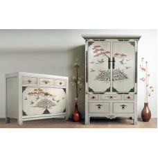 OPIUM OUTLET Chinese Furniture Combination Set 2-Piece Asia Furniture Living Room Vintage Light Grey Sideboard Chest of Drawers Cabinet Wedding Cabinet Buffet Sideboard Oriental Asian Fully Assembled