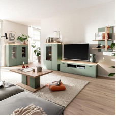 Lomadox 5 Piece Living Room Set with TV Cabinet & Highboard with LED Accent Lighting, Green with Oak - Modern