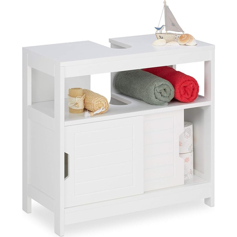 Relaxdays Vanity Unit, 2 Compartments, Sliding Doors, Siphon Cutout, Bathroom Cabinet, H x W x D: 60.5 x 60 x 30 cm, White
