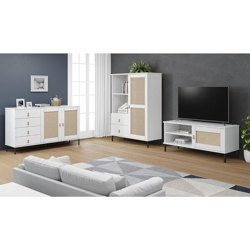 Lomadox Wohnm?Bel Set of 3 Solid Pine White Boho Style with Rattan Insert TV Board Sideboard Highboard Living Room Boho Chic