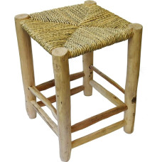 Scandi Style Wooden Stool Footstool Solid with Braided Palm Leaves