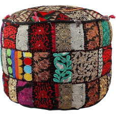 Aakriti Gallery Indian Pouf Footstool Ethnic Embroidered Pouf Cover, Indian Cotton Round Pouffe Ottoman Pouf Cover Pillow Ethnic Decor Art - Cover Only (18x13inch) (Black)