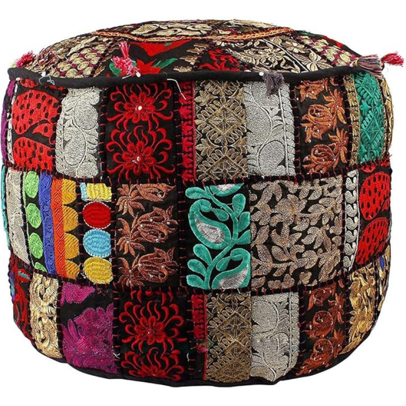 Aakriti Gallery Indian Pouf Footstool Ethnic Embroidered Pouf Cover, Indian Cotton Round Pouffe Ottoman Pouf Cover Pillow Ethnic Decor Art - Cover Only (18x13inch) (Black)