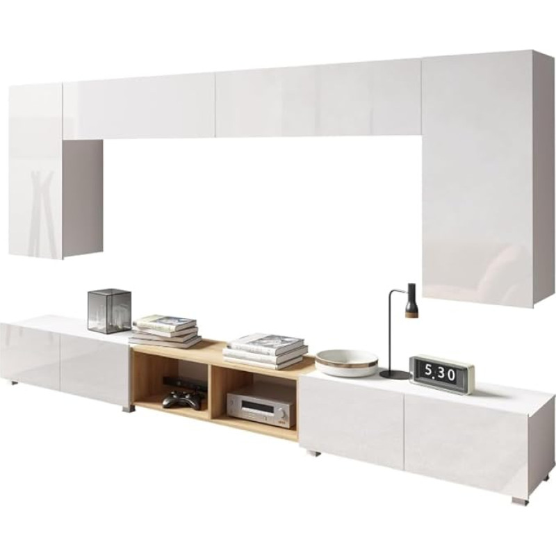 All4All Calabra Wall Unit 23-300 x 117 x 32 cm - 4 Colours - Modern Hanging TV Set - Push-to-Open - Living Room Furniture without Handles - Cabinet Wall - TV - Benches - Lowboards (White High Gloss +