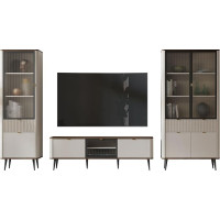 Mirjan24 Rotevio II Living Room Set, Living Room Cabinet, Cupboard in Set: 2 x Display Cabinets, TV Lowboard (Cashmere + Nut)