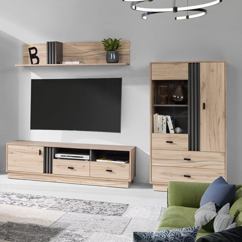 Living Room Furniture Set with Display Cabinet, Lowboard & Wall Shelf in Oak Anthracite Accents, Modern 3 Piece