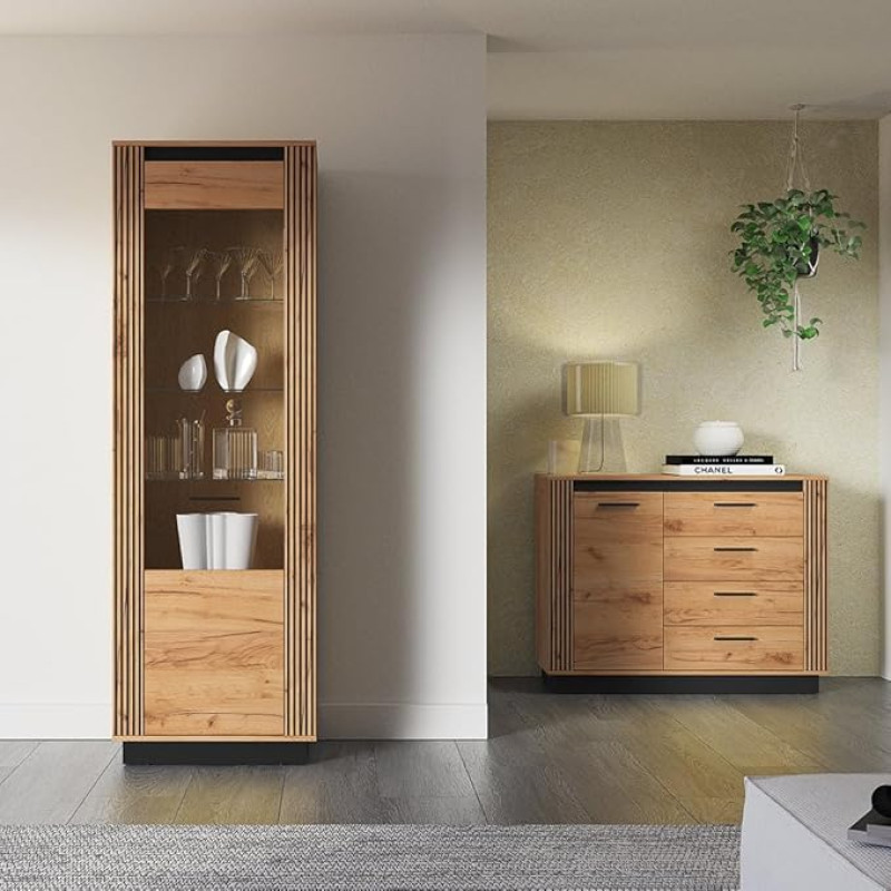 URBANIA-166 Living Room Furniture Set 2-Piece Display Cabinet Chest of Drawers Sideboard Modern Oak with Black