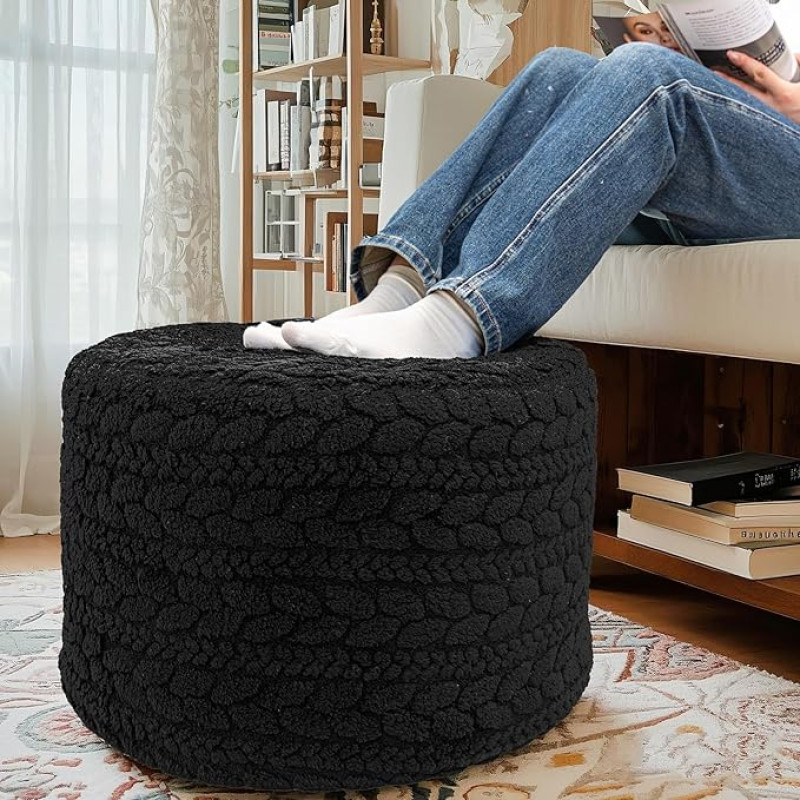 Round Pouf Ottoman Filled 20 x 20 x 14 Inch Boho Poof Footstool Home Decor Floor Pouf Ottoman Footrest for Couch Sofa Living Room Bedroom (Black)