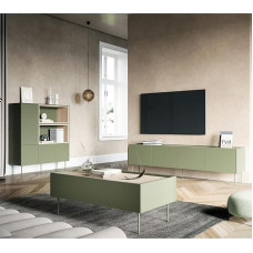 Living Furniture Set Living Wall Unit in Olive Green with Oak 3-Piece with Coffee Table, Highboard, Lowboard, Modern, Handle-Free