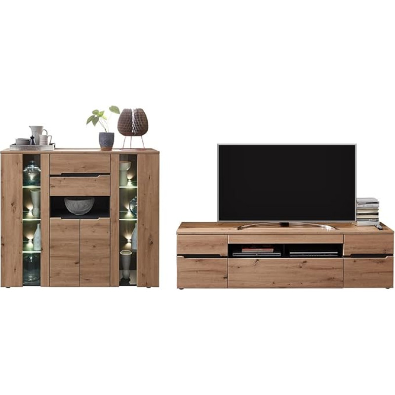 Lomadox Small Living Room Combination in Artisan Oak Nb. with Graphite, W x H x D: approx. 357 x 127 x 47 cm