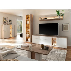 Home Furniture Set of 5 Modern Oak Wall Units, 1 Display Cabinet, 1 Wall Shelf, 1 Lowboard, 1 Highboard, 1 Coffee Table with LED Lighting