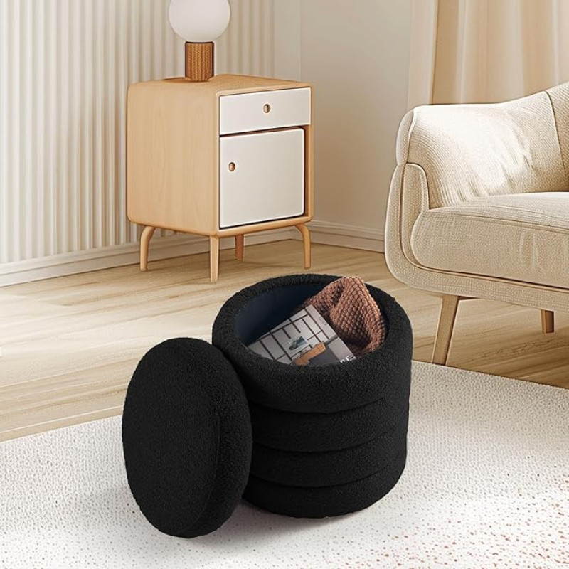 O2B Moderner runder Ottomane mit weich gepolstertem Sitz, multifunktionaler Schminkstuhl, gepolsterter Fußstützen-Hocker für Wohnzimmer und Schlafzimmer, Möbel & Dekorgeschäft (schwarzes Design)