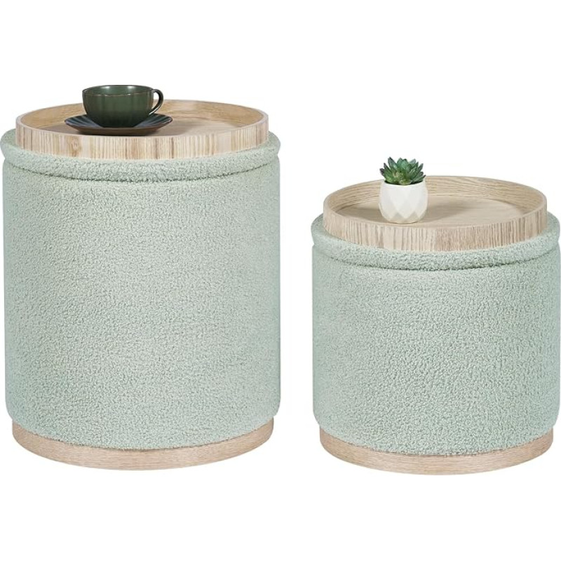 PINPLUS Round Ottoman with Storage Space, Set of 2, Storage Ottoman with Tray, Boucle Ottoman Storage Cube, Modern Multifunctional Footrest Stool for Bedroom, Living Room, Dorm (Green