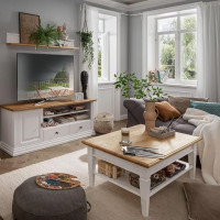 Home Furniture Set, White, 3-Piece Country House Style, 1 Lowboard, 1 Wall Shelf, 1 Coffee Table, Lighting